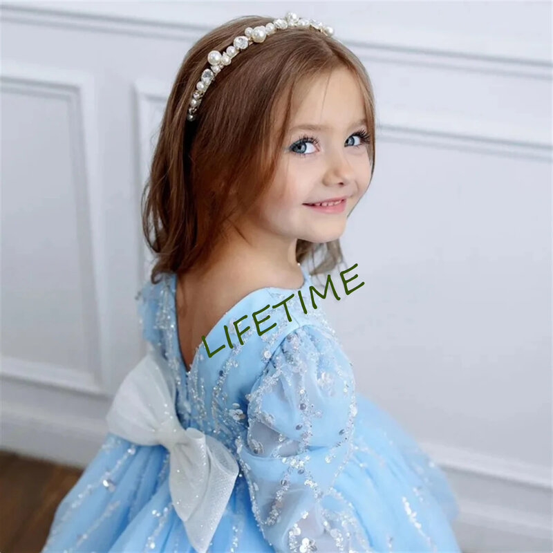 Gaun gadis bunga rok biru berkilau pernikahan Tulle applique pesta gaun ulang tahun Komuni Pertama gaun bola putri