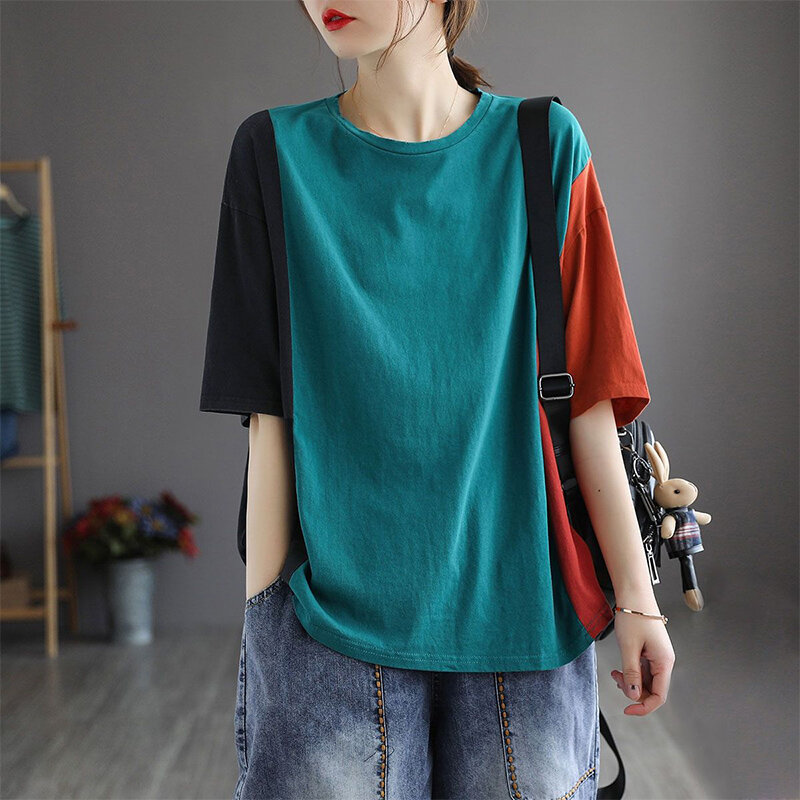 Fashion O-Neck Spliced Loose Color Asymmetrical T-Shirts Women Clothing 2024 Summer New Loose All-match Tops Casual Tee Shirt