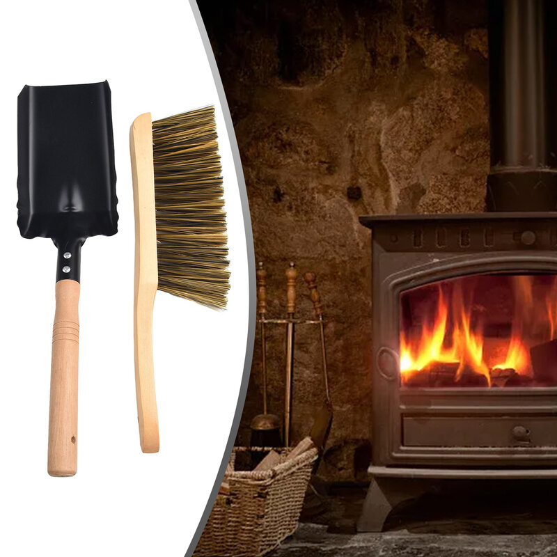 Spade Wooden Handle Brush para limpeza doméstica, madeira de cabelo marrom, aço carbono, lareira, 33x8cm, 37x10cm