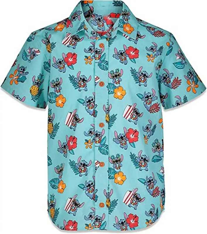남녀공용 스티치 하와이안 셔츠, 반팔 셔츠, 캐주얼 비치 셔츠, 디즈니 하와이안 셔츠, 여름 패션