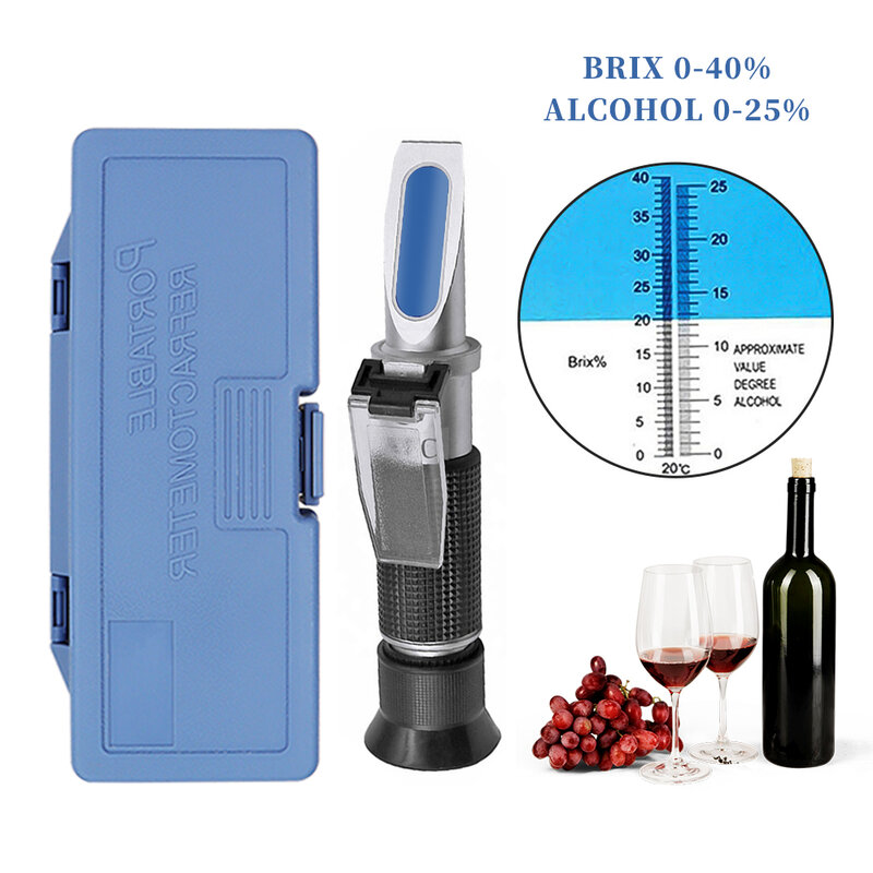 Probador de refractómetro de azúcar de Alcohol de mano, medidor de concentración de vino, densitómetro 0-25%, cerveza de Alcohol 0-40%, uvas Brix