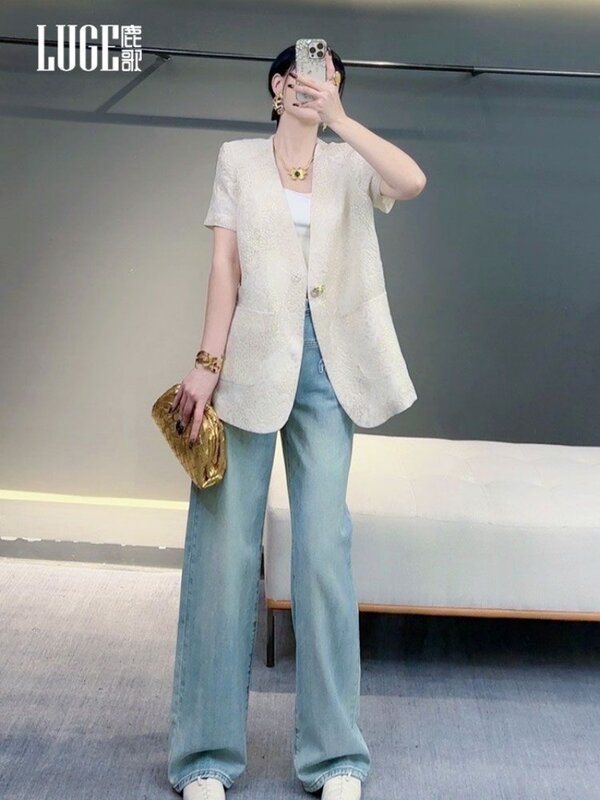 Summer Fashion New Improvement New Chinese Jacquard Coat Women's Imitation Silk Short Sleeved Suit Coat Female Clothing