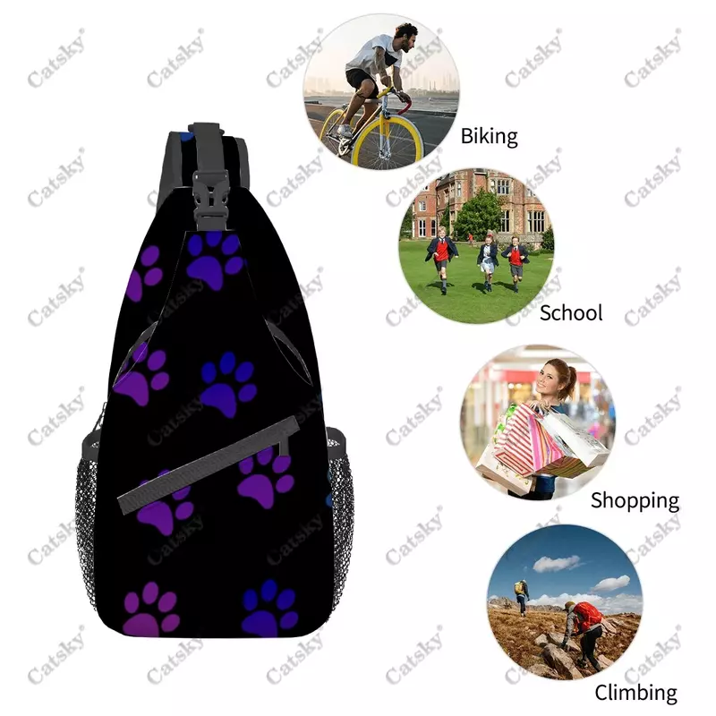 Bolso de hombro cruzado informal para hombre y mujer, bolsa de pecho con estampado de huellas de cachorros, almacenamiento deportivo