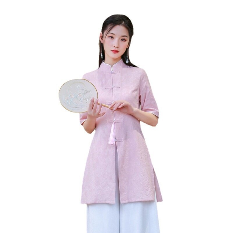 Traje de té Zen de estilo chino para mujer, traje Tang de longitud media, Top para Club de la salud, recolector de orejas, verano, novedad de primavera 2022