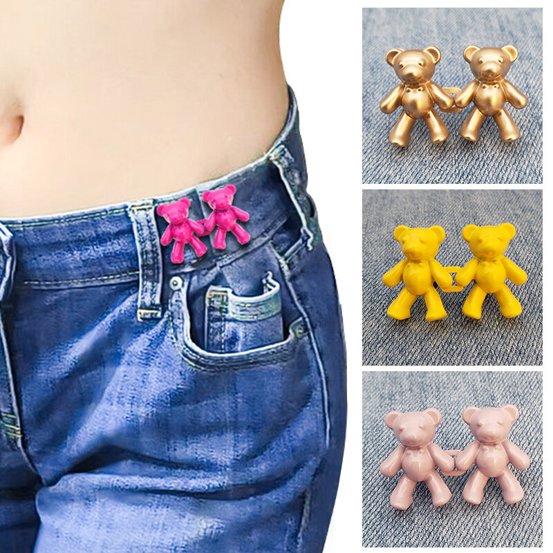 2pcs Bear Metal Buttons Detachable Snap Fastener Pants Waist Pin Tightening Waistband Button Sewing-Free Buckles Pant Adjust