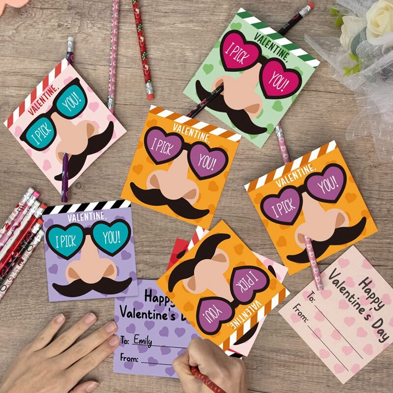 Set hadiah Hari Valentine pilihan hidung lucu untuk anak-anak-24 kartu Hari Valentine & 24 Set pensil-saya memilih Anda kacamata kumis