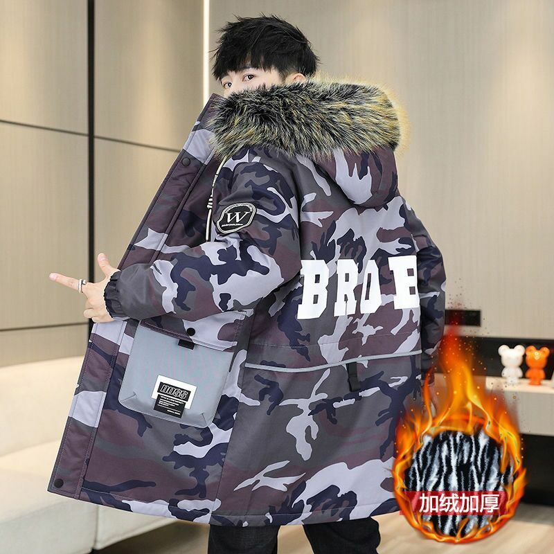 Men's hooded camouflage jacket, medium length jacket, new cotton jacket, winter plush and thick cotton jacket for teenagers