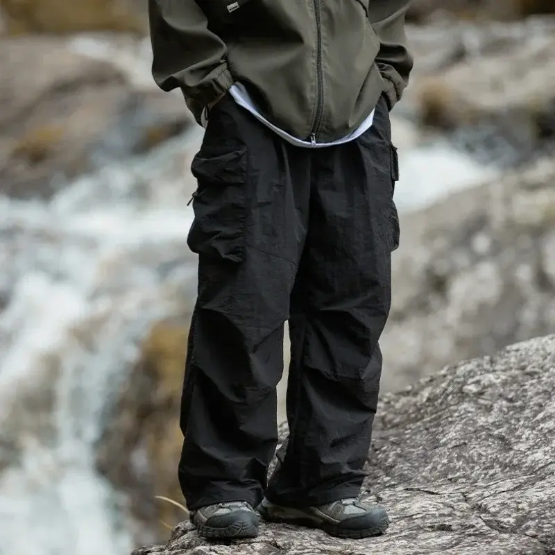 メンズ防水巾着パンツ、引きひもオーバーオール、単色、大きなポケット、屋外ハイキング、登山、ルーズ、春