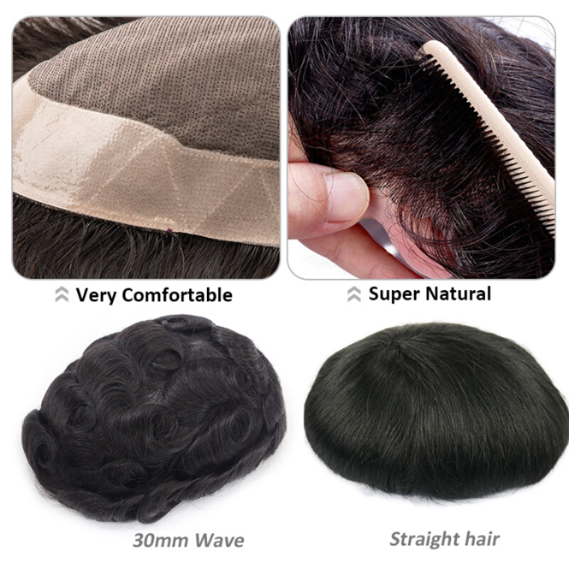 Clip-on wig pria dasar Mono sistem rambut pria ketebalan 130% tahan lama rambut manusia prostesis rambut palsu alami untuk pria