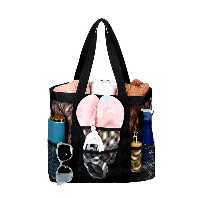 Grande-capacidade de malha multi-bolso saco de praia pano de malha portátil saco de lavagem de viagem fitness natação saco de armazenamento bolsas claras