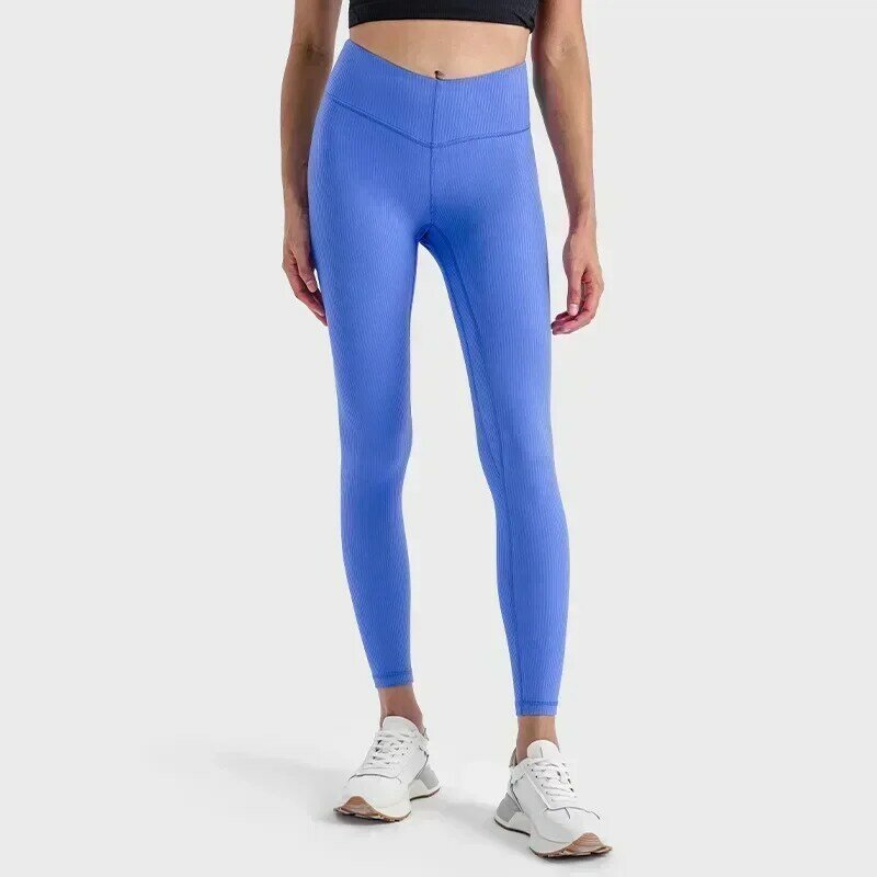 Cytrynowe prążkowane spodnie do jogi z wysokim stanem damskie legginsy sportowe do biegania Fitness Pilates elastyczne spodnie sportowe biodrowe spodnie do ćwiczeń