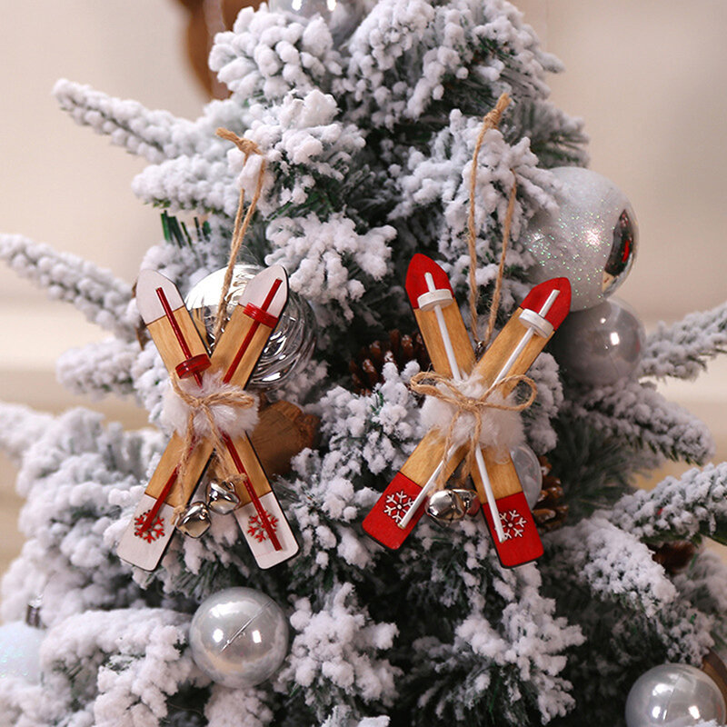 Hiasan gantung Natal, ornamen dekorasi rumah pohon Natal, perlengkapan kerajinan papan Ski kayu, rumah boneka, Tahun Baru