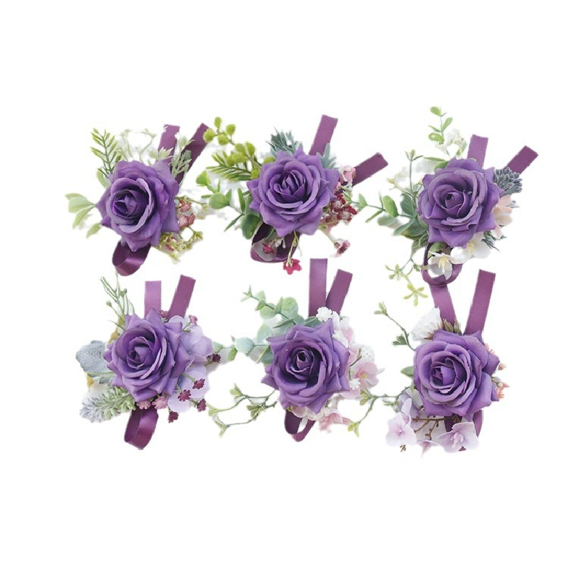Boutonniere dan korsase pergelangan tangan perlengkapan pernikahan jamuan tamu bunga simulasi pengantin pria dan pengantin bunga tangan ungu