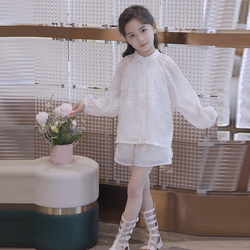 JUCPKID 2024 Корейский Летний школьный комплект для девочек с вышивкой Топ с длинным рукавом + шорты с эластичной талией для девочек 4-15 лет