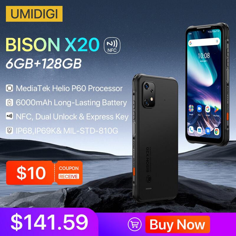 UMIDIGI-BISON x20頑丈なスマートフォン,mtk helio p60オクタコア,6GB, 128GB, 6.53インチHD, Android 13, 6000mAhバッテリー,NFC,ワールドプレミア