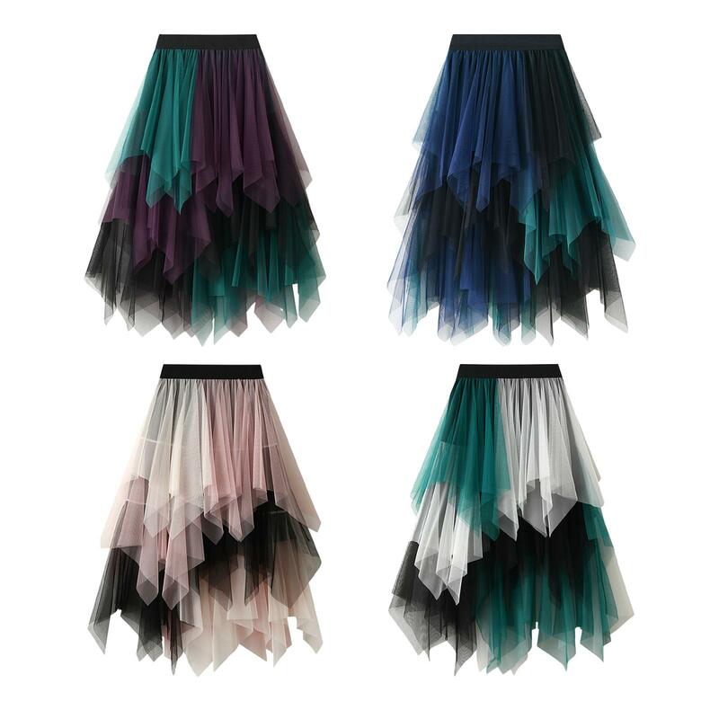 Women's Tulle Skirt Trendy High Low Asymmetrical Fairy Skirt for Stage Performance Evening Party Casual Halloween Photo Prop