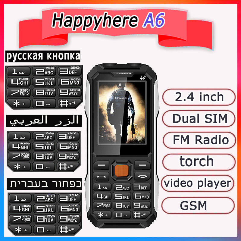 A6 Shockproof Celular, SOS, MP3 Video Player, Gravador de Câmera, Alarme, Cheap Telemóveis portáteis, russo, árabe, teclado hebraico
