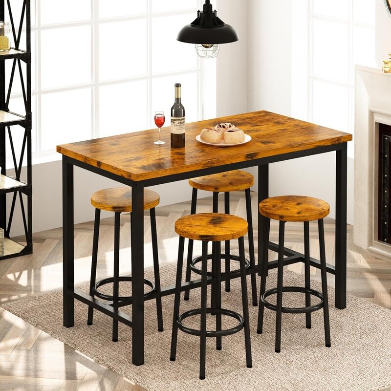 ชุดโต๊ะบาร์และเก้าอี้แบบอุตสาหกรรมโต๊ะผับสูงพร้อมเก้าอี้4ตัวชุดโต๊ะบาร์5ชิ้นสำหรับทานอาหาร