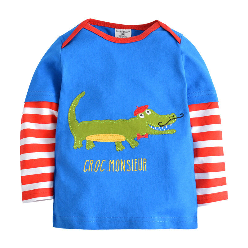 Baby Boys Girls 18-6T Striped Cartoon Tshirts With Applique Animal Kids Hot Selling Spring Autumn Clothes Designed Tops Clothing