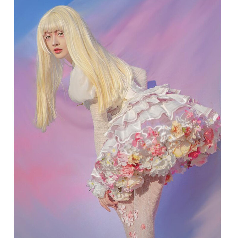 Handmade Flores Coloridas Anágua, Lolita Saia Suporte, Kawaii Vestido Curto, Acessórios de Halloween, Menina Bonito, Japão, Japão