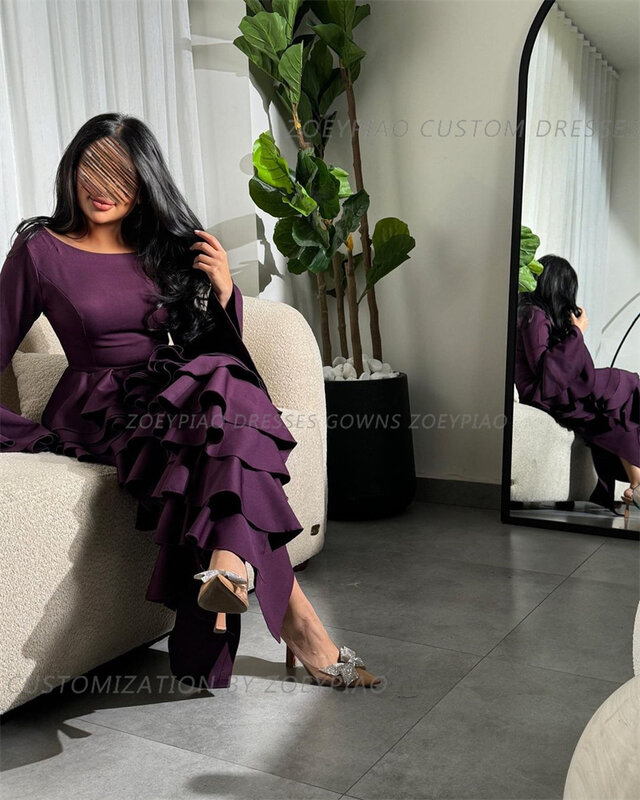 Dark Purple Tiered Satin Formal Event Dubai Occasion Dresses 2024 O Neck Long Sleeves Evening Party Gowns فساتين الحفلات