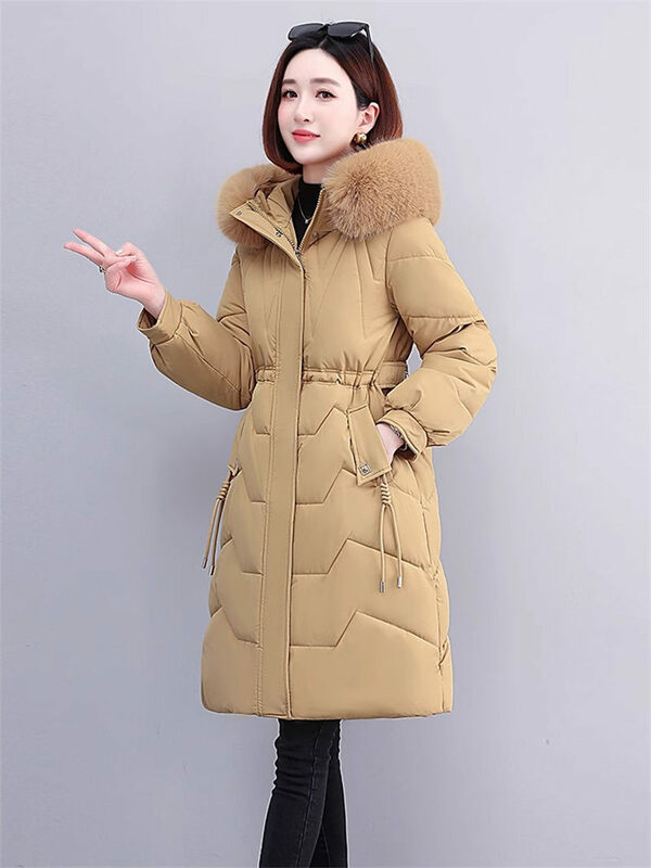 Casaco de algodão fino de comprimento médio feminino com capuz de pele, sobretudo espesso quente, moda coreana, popular, inverno, Z2905, 2023