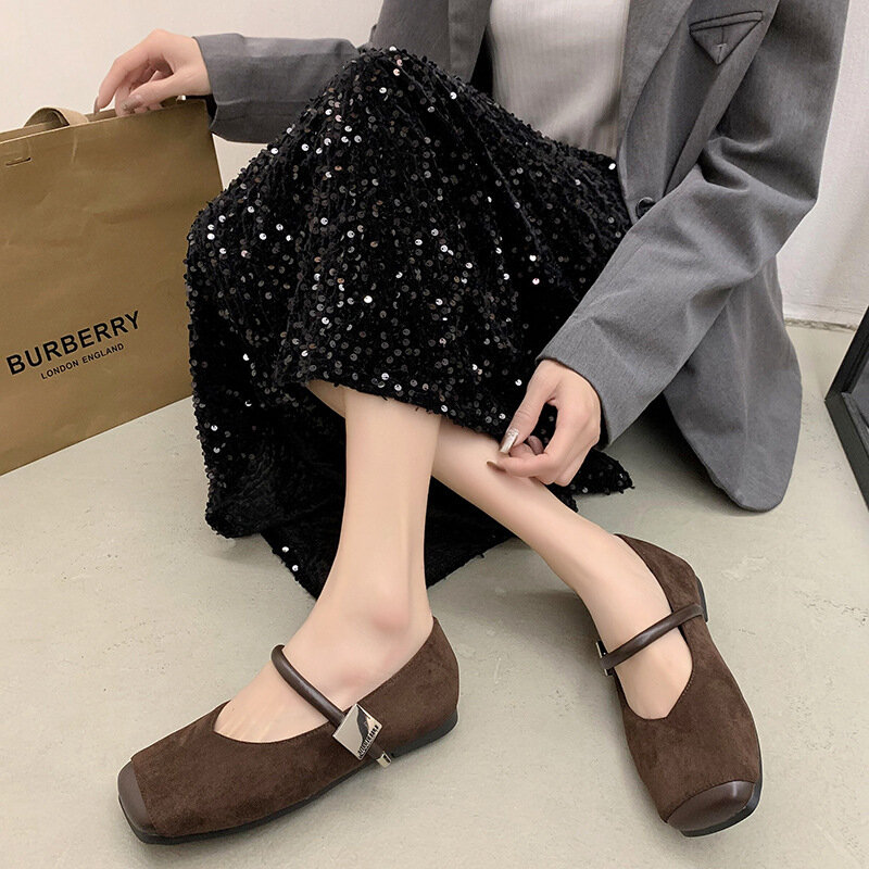 Comemore Flat Suede Mary Jane Shoes 2024 New Spring French Retro Square Toe Soft Bottom Shoe Summer Sandals Comfortable Pumps
