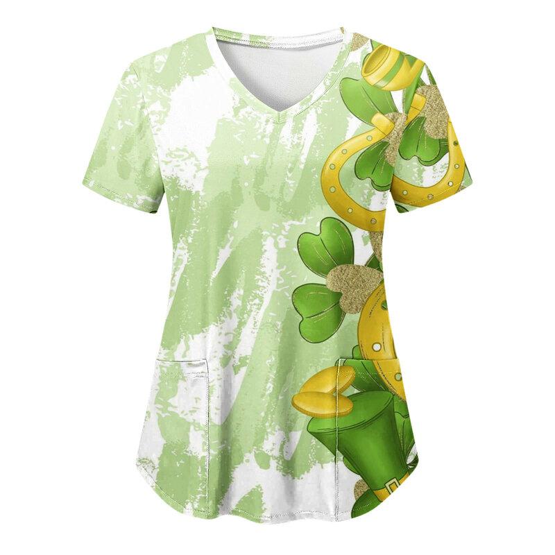 Women's Casual V Neck Short Sleeved St. Patrick's Day Funny Clover Pattern Printing Protective Work Wear Tops With Pocket
