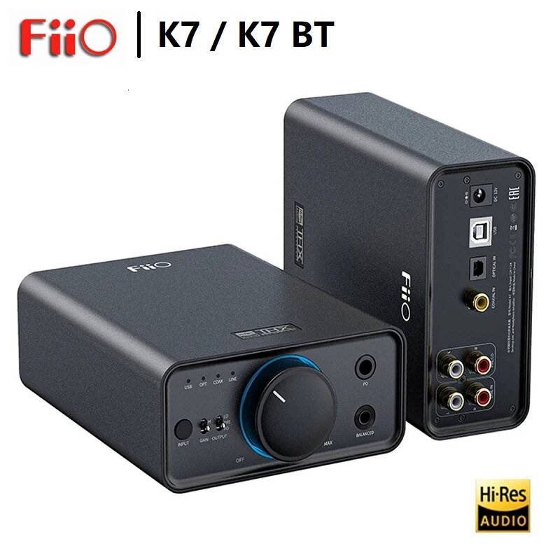 FiiO-K7 BT HiFi Desktop Headphone Amplificador, USB, Óptico, Coaxial, Entrada RCA, DAC, XMOS, XU208, PCM384kHz, DSD256, AK4493S x 2