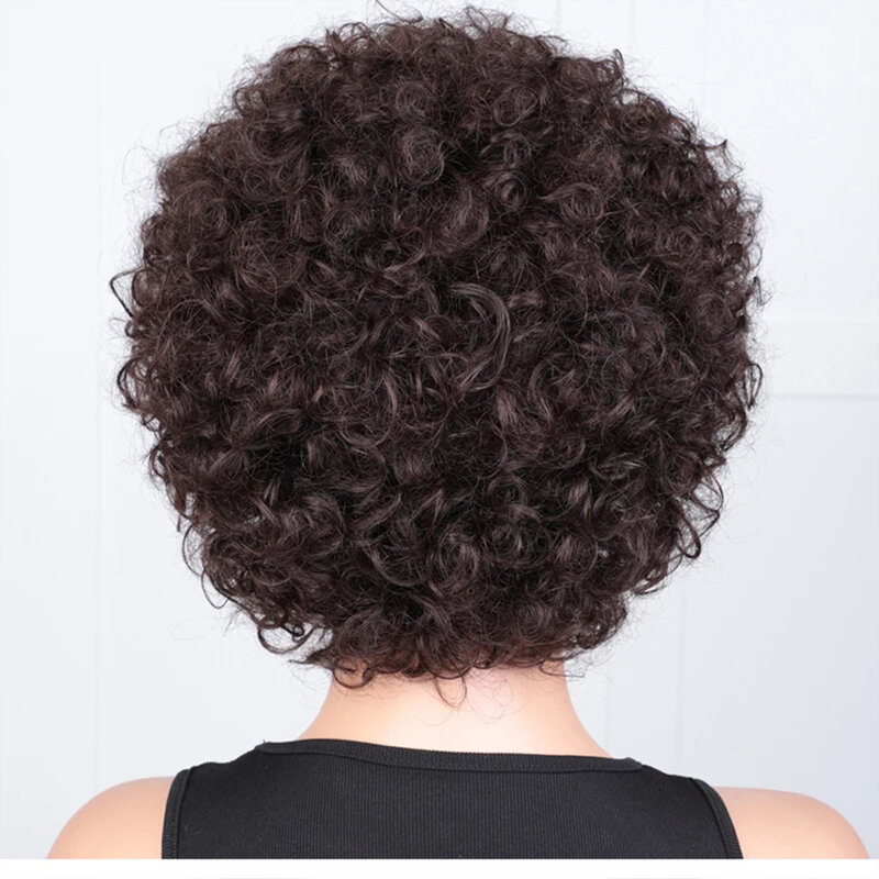 Krótki Pixie Afro peruka z kręconych włosów typu Kinky bezklejowy naturalna brązowa Bob peruka z grzywką brazylijskie Remy peruki z ludzkich włosów Jerry kręcone dla kobiet