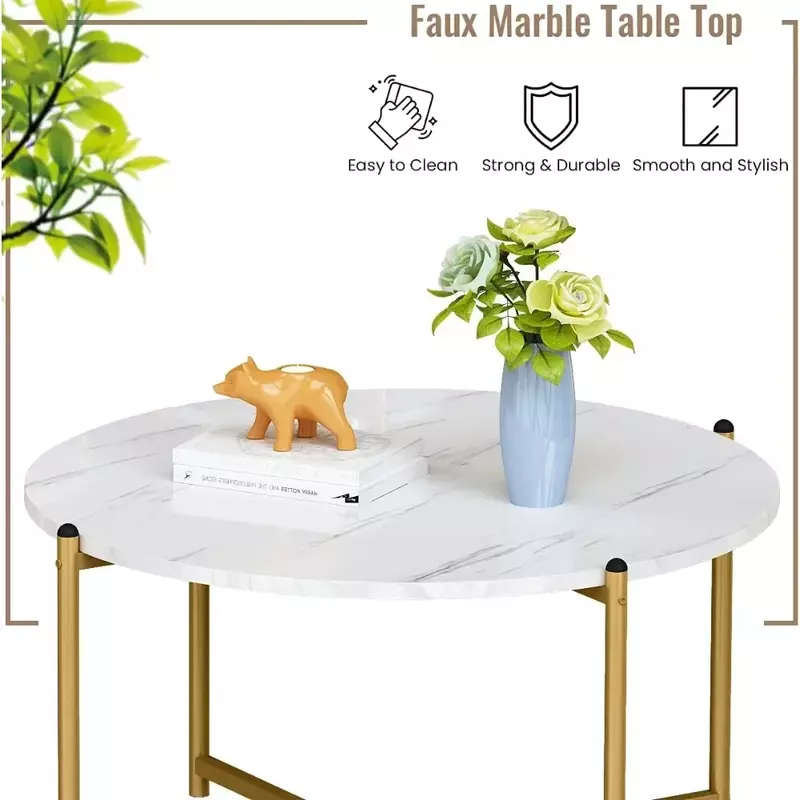 Moderne Ronde Salontafel & 2 Stuks Eindtafel Faux Marmeren Tafelblad Met Gouden Kruisbasis Frame Kleine Ruimte (Goud) Meubeltafels