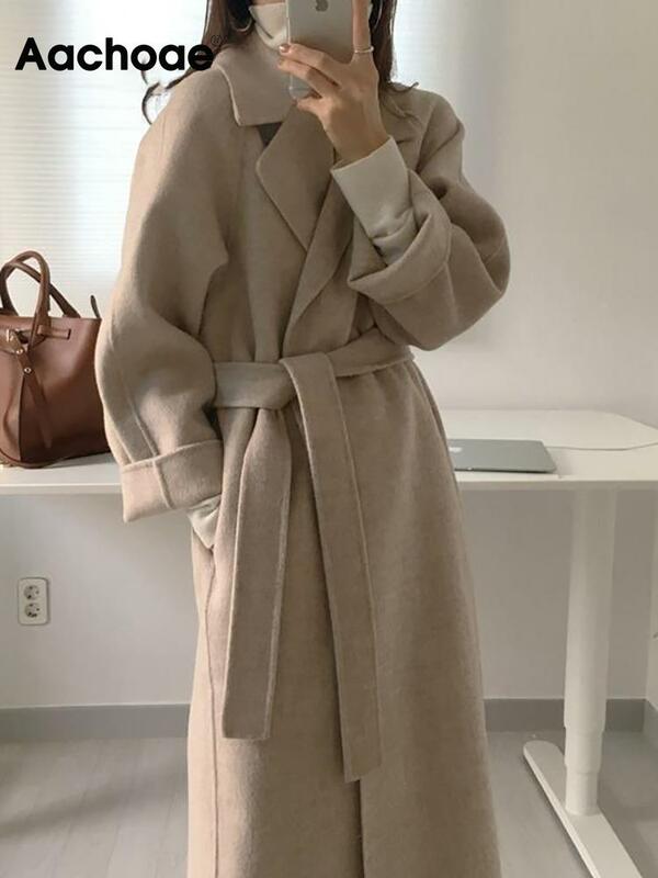 Aachoae feminino elegante casaco de lã longa com cinto cor sólida manga longa chique outerwear senhoras queda ombro casaco 2022