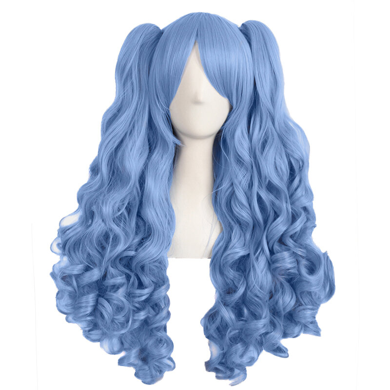 Cos Wig Female Long Curly Lolita Grip Double Ponytail Big Wave Light Blue Anime Full-Head