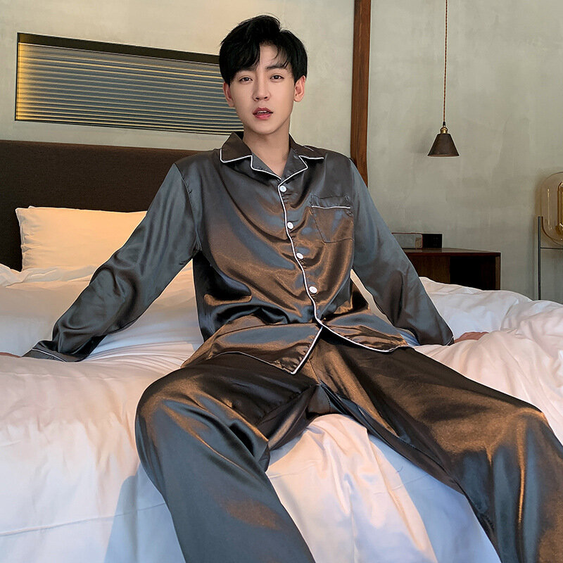 Ice Silk Sleepwear uomo manica lunga primavera autunno pigiama set indumenti da notte in seta Homewear set abbigliamento di marca di lusso moda coreana