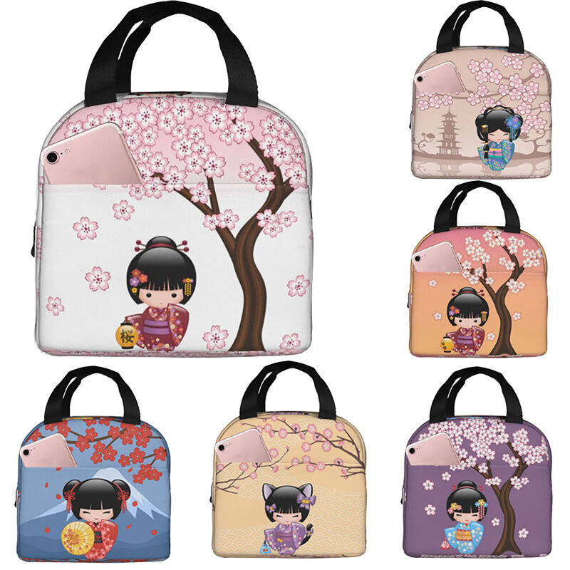 Bolsa de almuerzo con dibujos animados japoneses, Kimono, Geisha, chica, Kokeshi, muñeca, flores de cerezo, bolsas refrigeradoras aisladas, caja de almuerzo, bolsa de comida, novedad de 2023