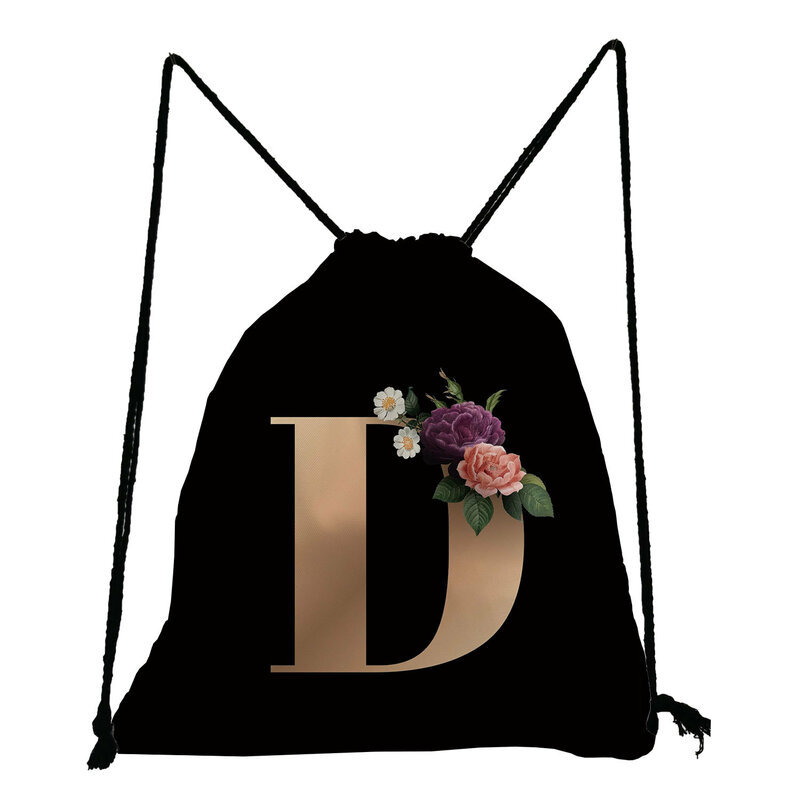 Czarny złoty A-Z alfabet torba ze sznurkiem Unisex sportowy plecak na siłownię lekki minimalizm kwiat hurtowy spersonalizowany poliester