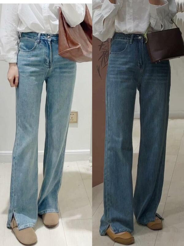 Finewords-Jeans de cintura alta com fenda lateral vintage, lavado casual, perna larga solta, streetwear coreano, calças jeans