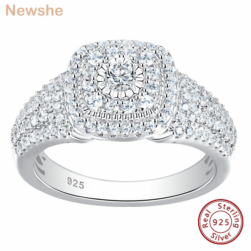 Newshe sólido 925 prata esterlina halo redondo corte anel de noivado para as mulheres clássico casamento jóias aaaaa zircons cúbicos br1091