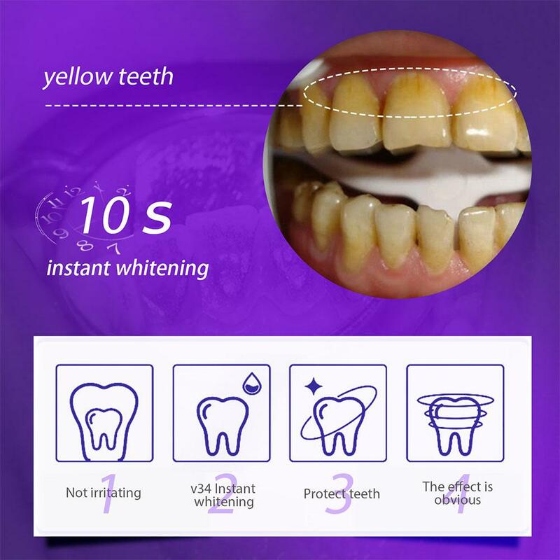 V34 pasta gigi ungu pemutih gigi, penghilang noda gigi pemutih pencerah esensi korektor warna perawatan mulut Fre I5W3