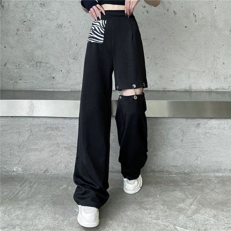 Брюки женские с цепочкой и вырезами, с принтом зебры, стильные брюки в стиле Harajuku, в стиле Хай-стрит, сшитые мешковатые брюки в стиле хип-хоп