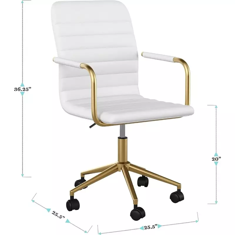Офисное кресло с поворотными подлокотниками, подходит для дома и офиса, белая искусственная кожа, полированная латунная рама