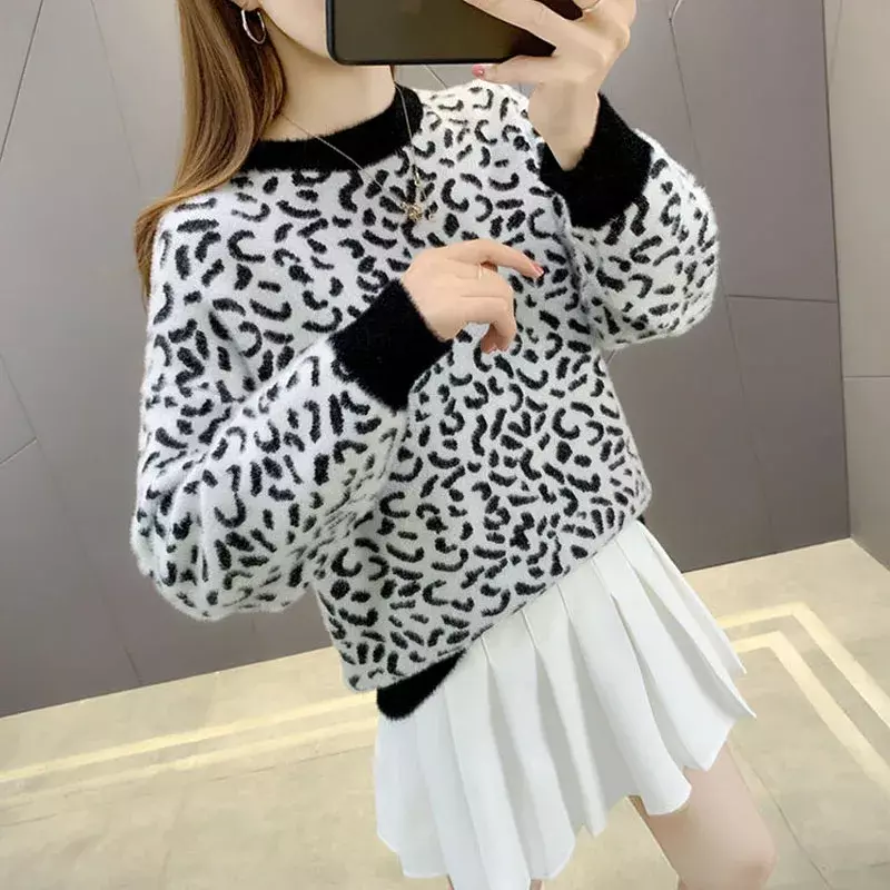 Moda caldo girocollo maglioni leopardati per donna autunno inverno alla moda sciolto manica lunga lavorato a maglia abbigliamento donna PH94