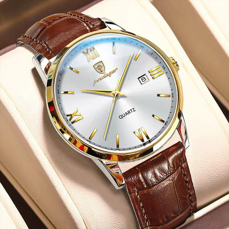 POEDAGAR-Reloj de pulsera de cuero para hombre, accesorio masculino de marca superior de lujo, de cuarzo, deportivo, resistente al agua, de negocios + caja
