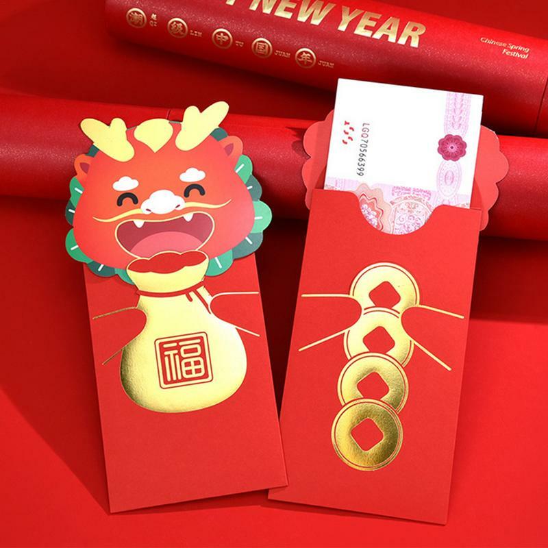ซองจดหมายสีแดงปีมังกร6ชิ้น/ถุง2024เทศกาลฤดูใบไม้ผลิของจีนขอให้โชคดีแพ็คเก็ตสีแดงอุปกรณ์ปีใหม่ทางจันทรคติสำหรับเด็กครอบครัว