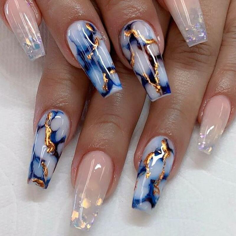 Diamond Powder Geometric Lines Press On False Nials Color Matching Long Ballet French Design Wearable Fake Nails Simple Tips
