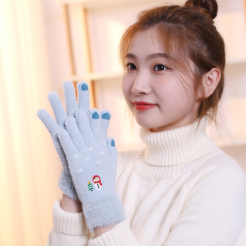 Winter Warm Soft Furry Women Girls Full Fingers Touch Screen Gloves Lovely Snowman Embroidery Five Finger Knitting Glove T06