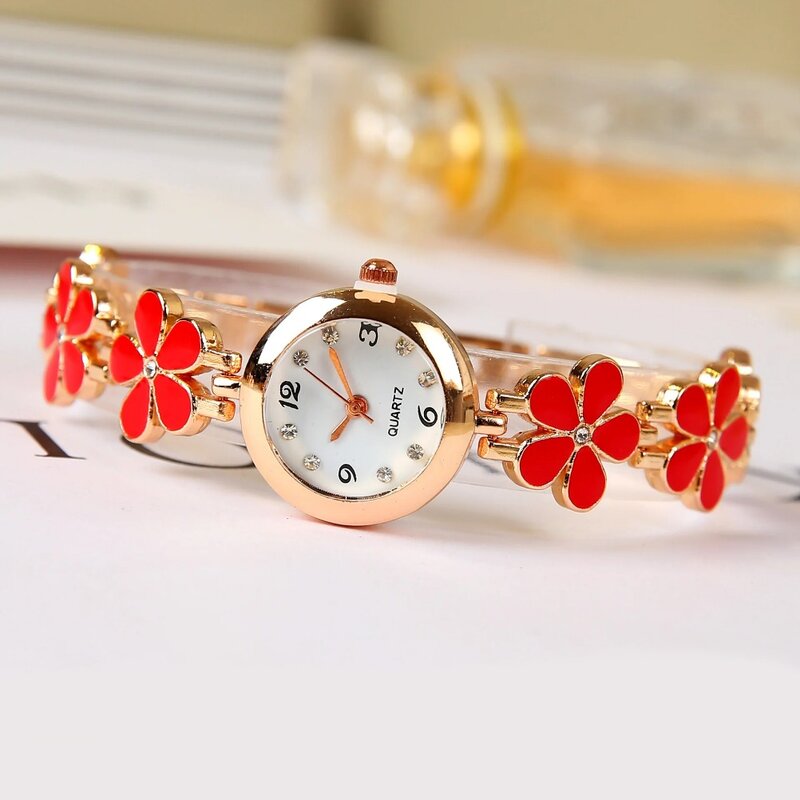 Relógio pulseira de quartzo flor de strass para mulheres, relógio bonito, analógico, couro PU, requintado, fofo, núcleo de fada, jóias para meninas