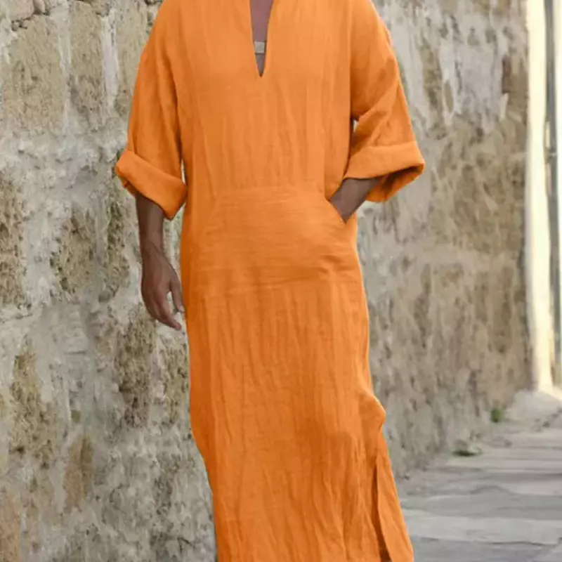 Plus ukuran pria warna Solid jubah Muslim Retro Arab Islami gaun panjang kasual katun Linen panjang Kaftan pakaian Islami Timur Tengah