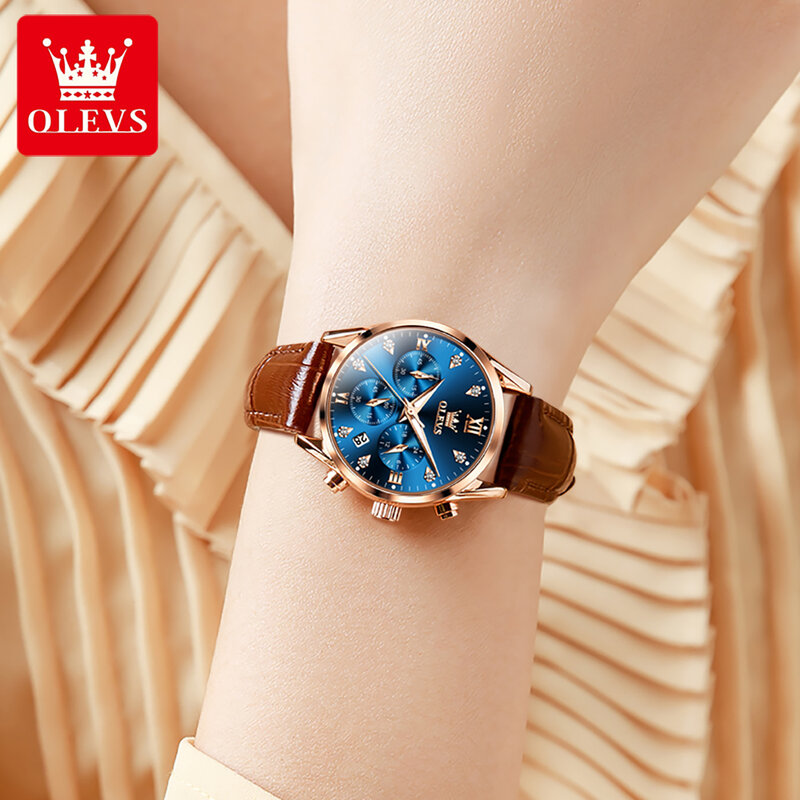 OLEVS Women Watches Top Brand Luxury Chronograph Quartz Watch for Women Leather Strap Waterproof Luminous Calendar Fashion Clock