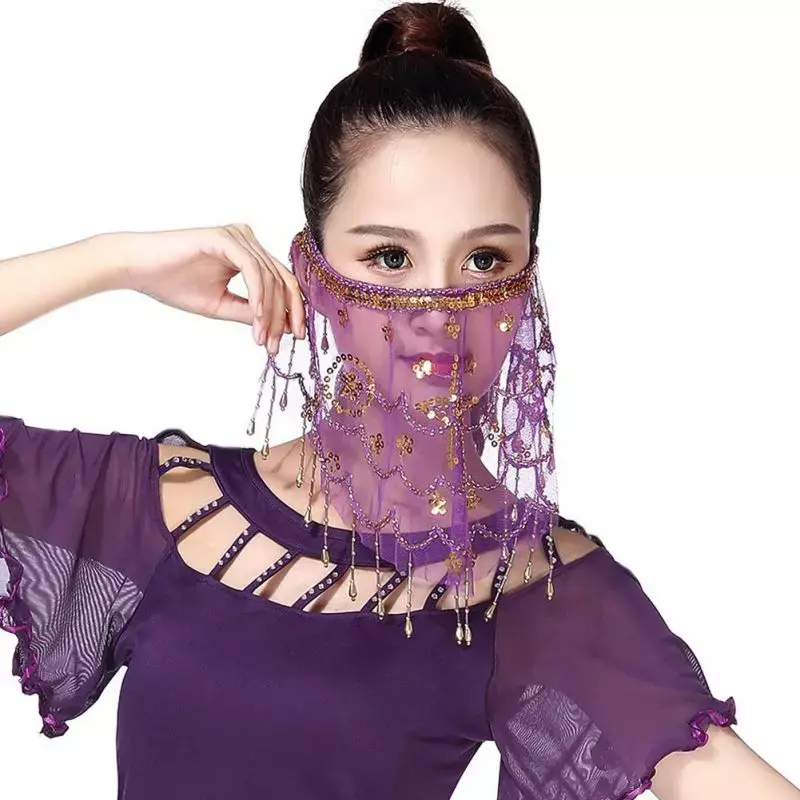 Women Belly Dance Face Veil Tribal Belly Dancing Veils with Shining Sequin Masquerade Accessories 7Colors Available